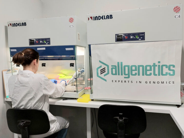 The image shows a lab specialist preparing samples for Nanopore sequencing at AllGenetics.
