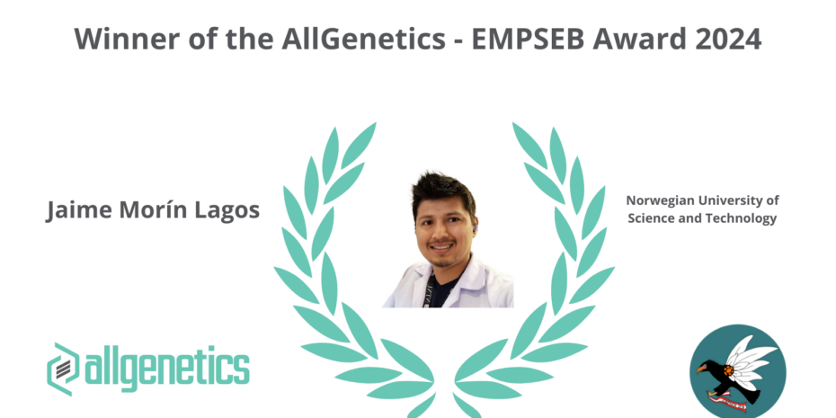 The image shows a banner with the name of the winner of the AllGenetics-EMPSEB Award 2024, Jaime Morín Lagos.