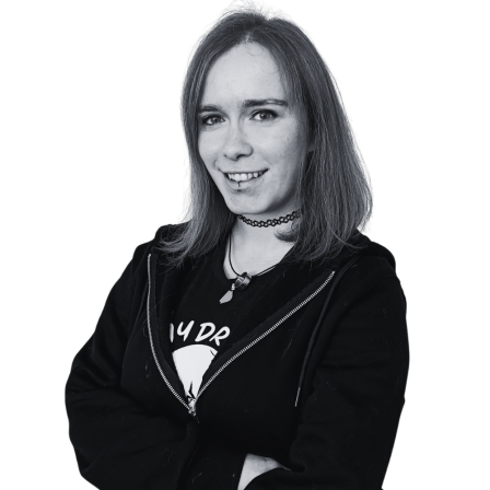 The image shows a black and white portrait of AllGenetics' staff Lara Vázquez.