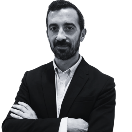 The image shows a black and white portrait of AllGenetics' staff Jesús Andrade.