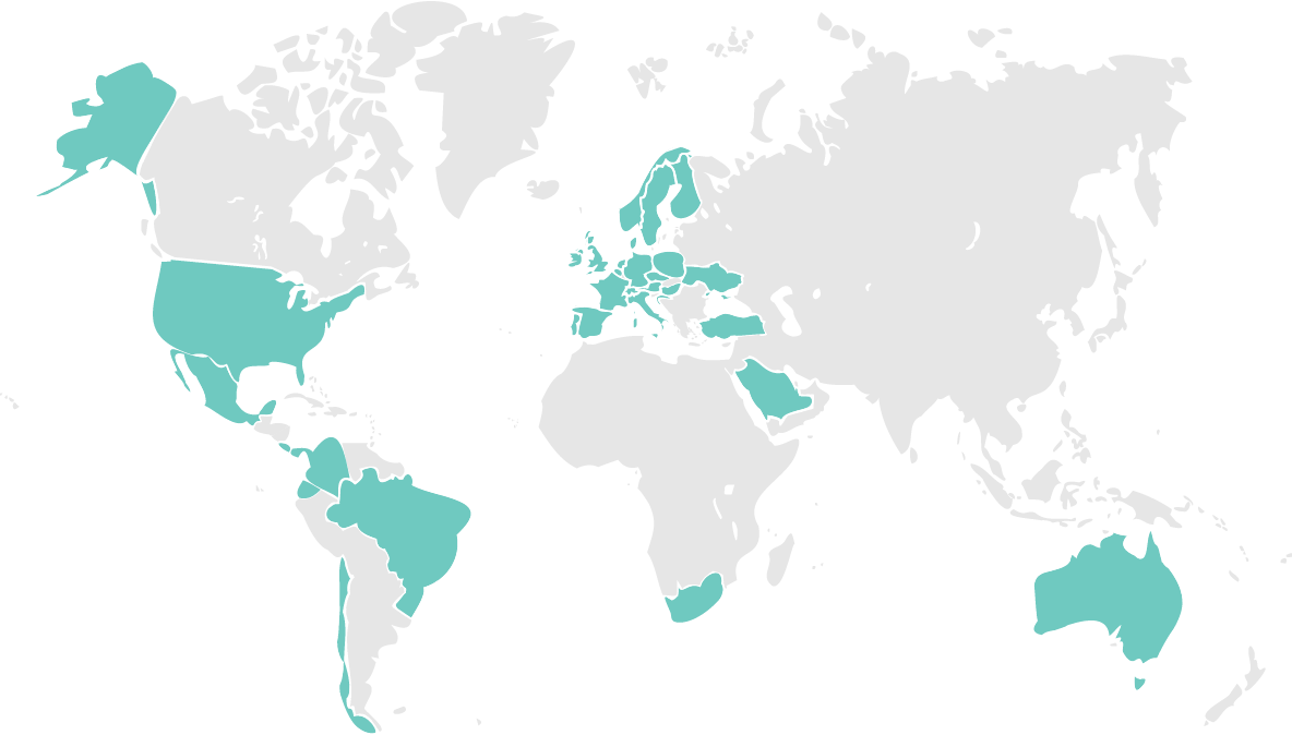 The image shows the different countries in Europe, the Americas, Africa, and Oceania where the clients of the genomics company AllGenetics are based.
