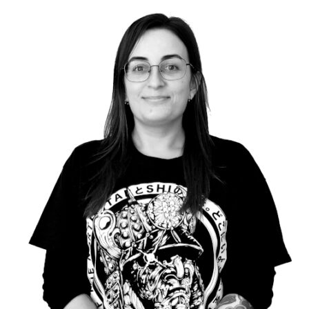 The image shows a black and white portrait of AllGenetics' staff Andrea Freijeiro.