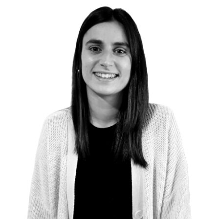 The image shows a black and white portrait of AllGenetics' staff Antía Fuentes.