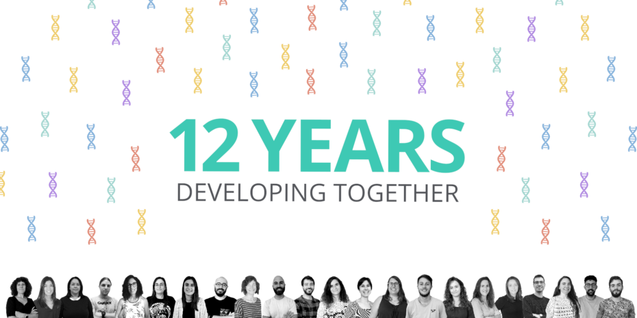 The image is a banner commemorating the 12th anniversary of the Spanish biotech AllGenetics.