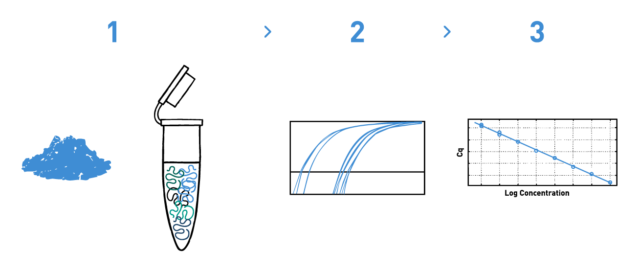 The image shows a typical workflow of a qPCR experiment to identify microorganisms in soil to assess the effects of inoculation of biological control agents by the Agriculture industry. The different steps of the workflow include DNA isolation from soil samples, qPCR amplification, and bioinformatic analysis to confirm the presence/absence of the strain of interest.